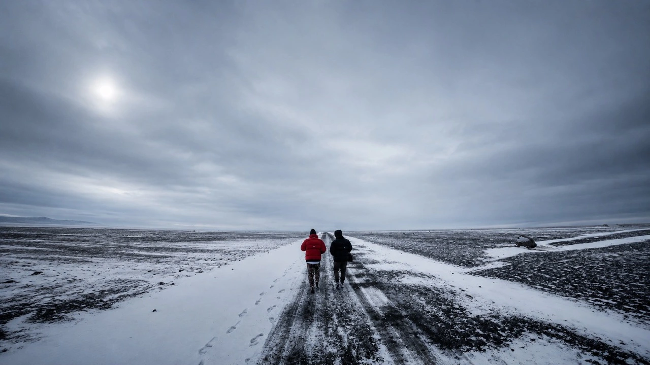 Duas pessoas caminhando por uma estrada coberta de neve